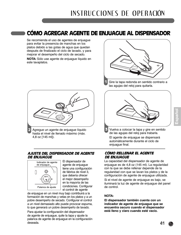 Cómo agregar agente de enjuague al dispensador | LG LDF7932WW User Manual | Page 41 / 72