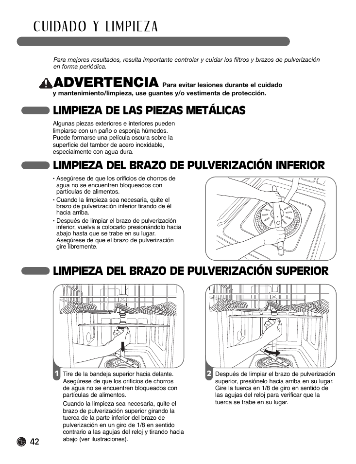 Advertencia, Limpieza de las piezas metálicas, Limpieza del brazo de pulverización inferior | Limpieza del brazo de pulverización superior | LG LDF7932WW User Manual | Page 42 / 72