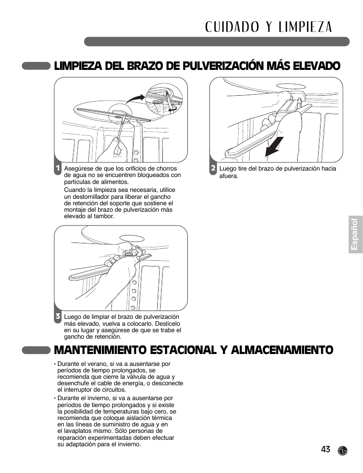 Mantenimiento estacional y almacenamiento, Limpieza del brazo de pulverización más elevado | LG LDF7932WW User Manual | Page 43 / 72