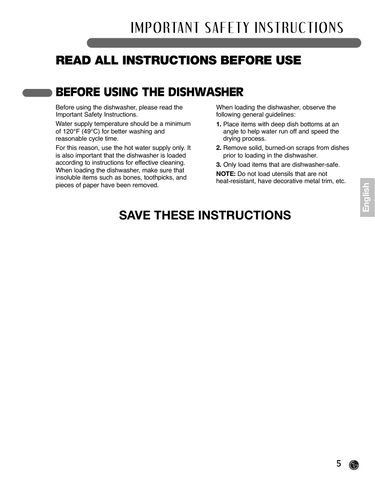 Before using the dishwasher | LG LDF7932WW User Manual | Page 5 / 72