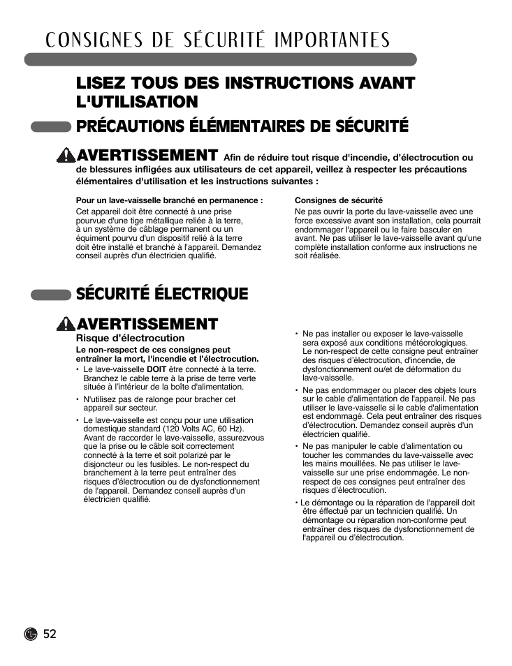 Lisez tous des instructions avant l'utilisation, Précautions élémentaires de sécurité avertissement, Sécurité électrique avertissement | LG LDF7932WW User Manual | Page 52 / 72