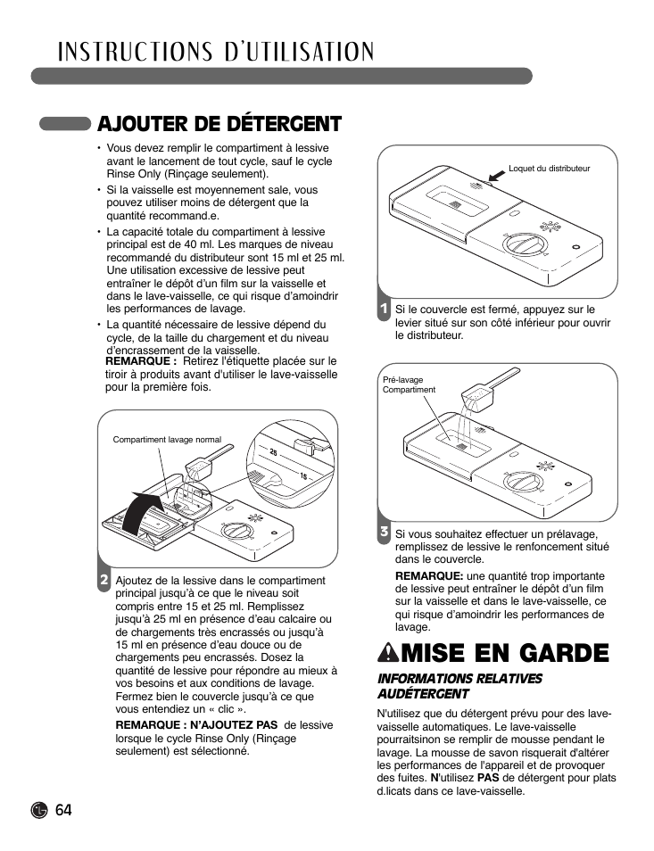 Mise en garde, Ajouter de détergent | LG LDF7932WW User Manual | Page 64 / 72