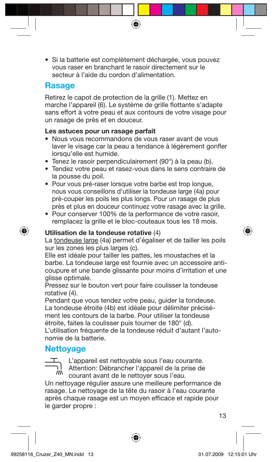 Rasage, Nettoyage | Braun Z40 CruZer2 User Manual | Page 12 / 56