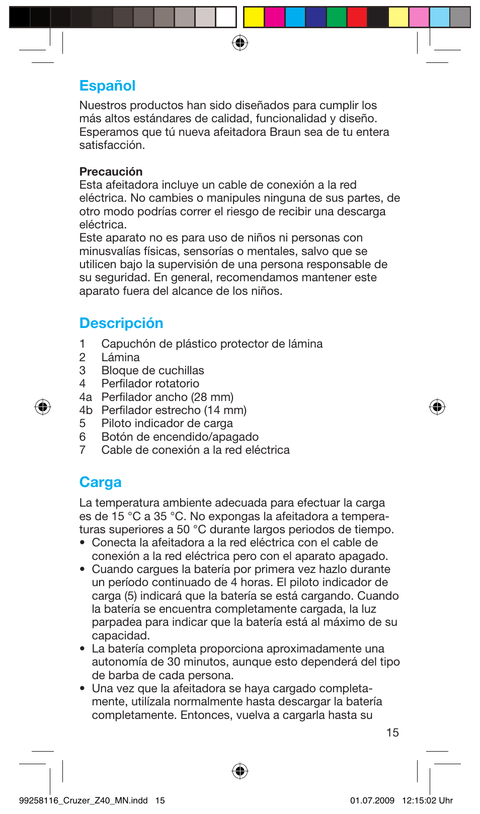 Español, Descripción, Carga | Braun Z40 CruZer2 User Manual | Page 14 / 56