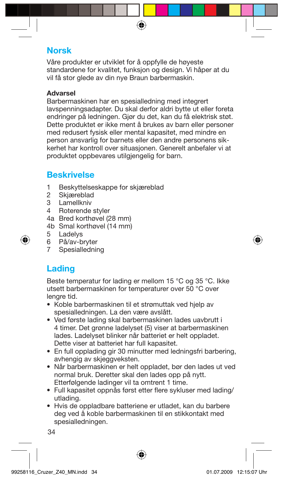 Norsk, Beskrivelse, Lading | Braun Z40 CruZer2 User Manual | Page 33 / 56