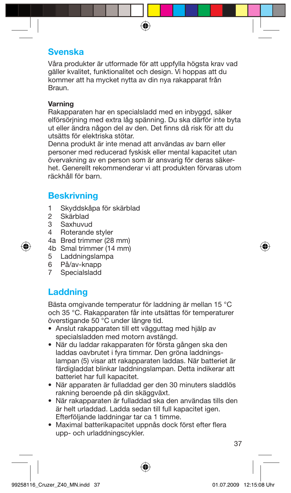 Svenska, Beskrivning, Laddning | Braun Z40 CruZer2 User Manual | Page 36 / 56