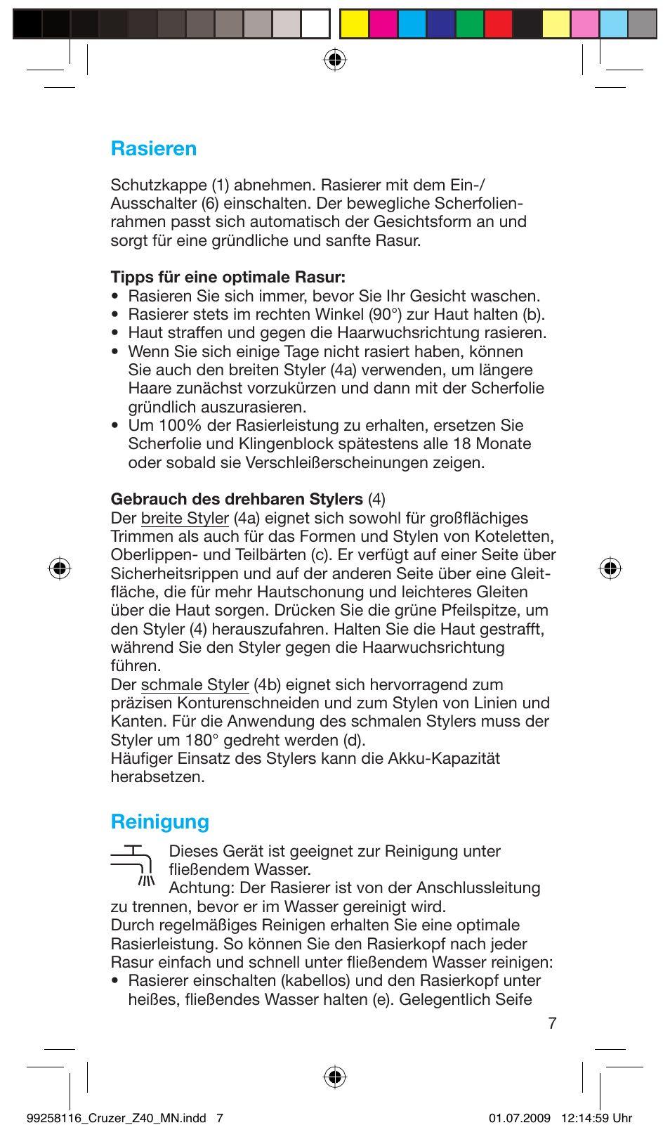 Rasieren, Reinigung | Braun Z40 CruZer2 User Manual | Page 6 / 56