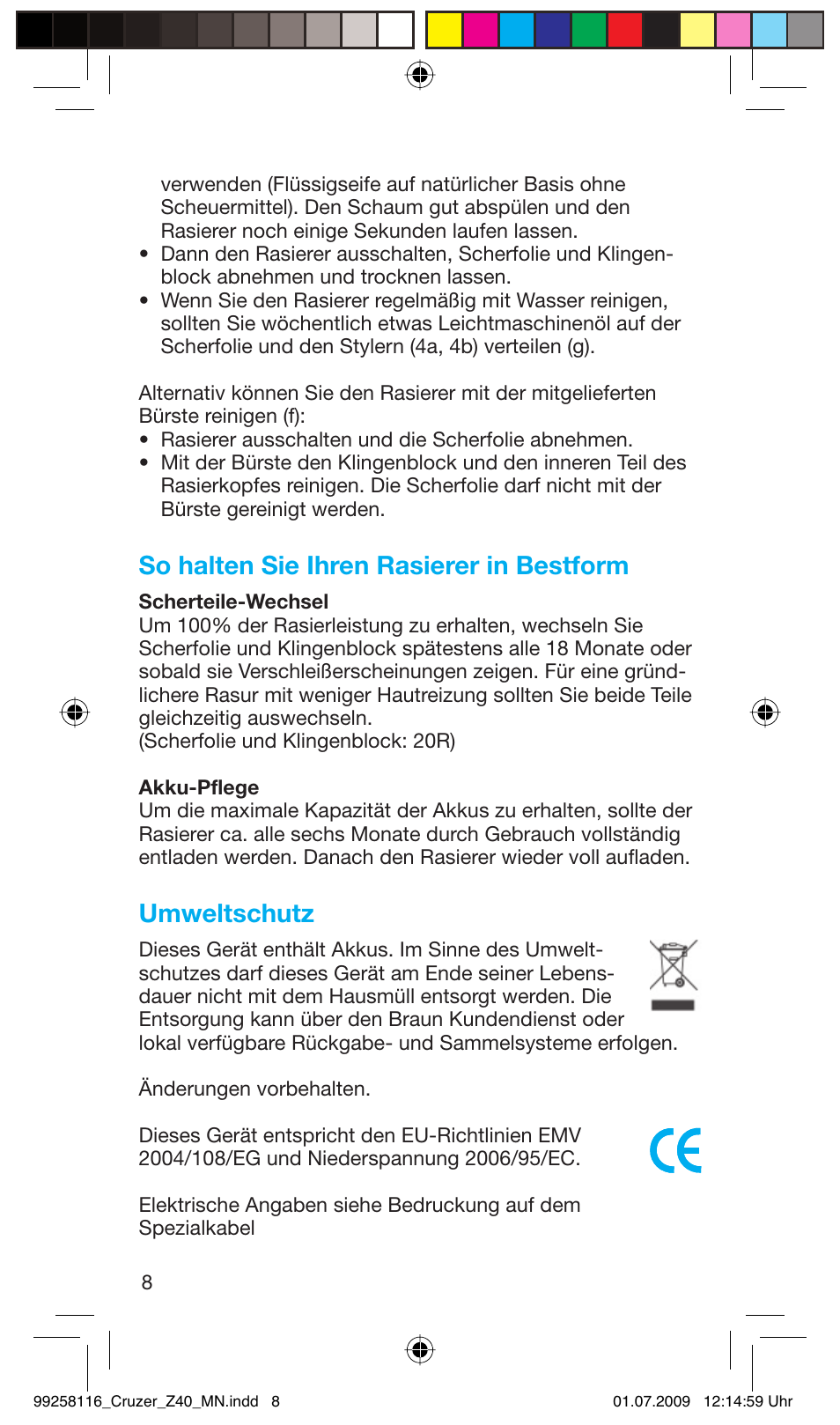 So halten sie ihren rasierer in bestform, Umweltschutz | Braun Z40 CruZer2 User Manual | Page 7 / 56