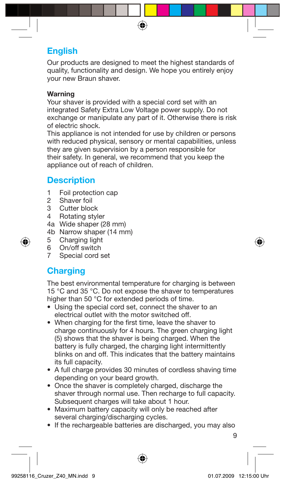 English, Description, Charging | Braun Z40 CruZer2 User Manual | Page 8 / 56