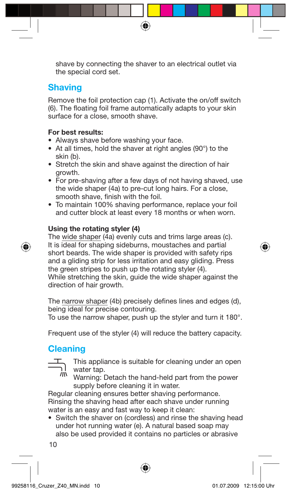 Shaving, Cleaning | Braun Z40 CruZer2 User Manual | Page 9 / 56