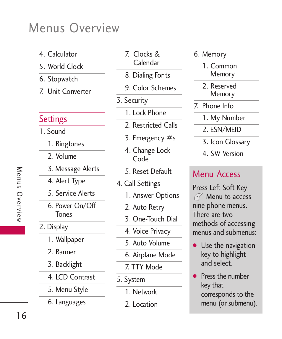 Menus overview, Settings, Menu access | LG LGUX145 User Manual | Page 18 / 94