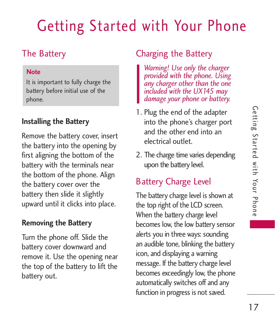 Getting started with your phone, The battery, Charging the battery | Battery charge level | LG LGUX145 User Manual | Page 19 / 94