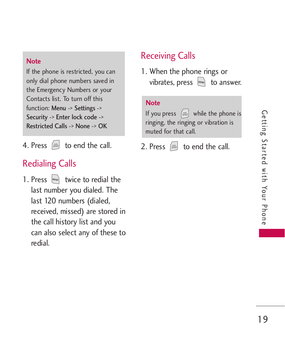 Redialing calls, Receiving calls | LG LGUX145 User Manual | Page 21 / 94