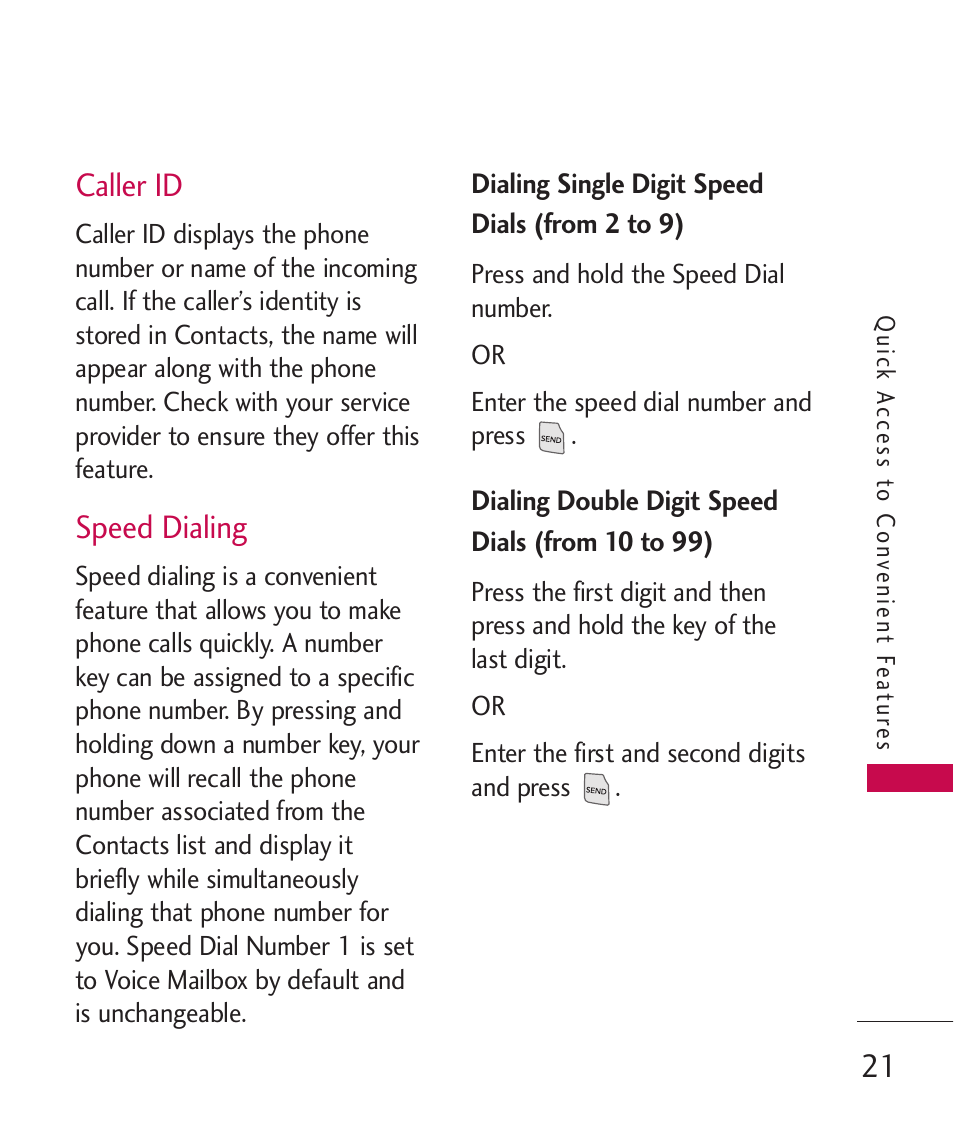 Caller id, Speed dialing | LG LGUX145 User Manual | Page 23 / 94