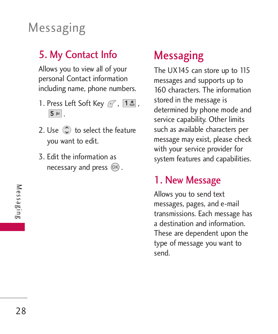 Messaging, My contact info, New message | LG LGUX145 User Manual | Page 30 / 94