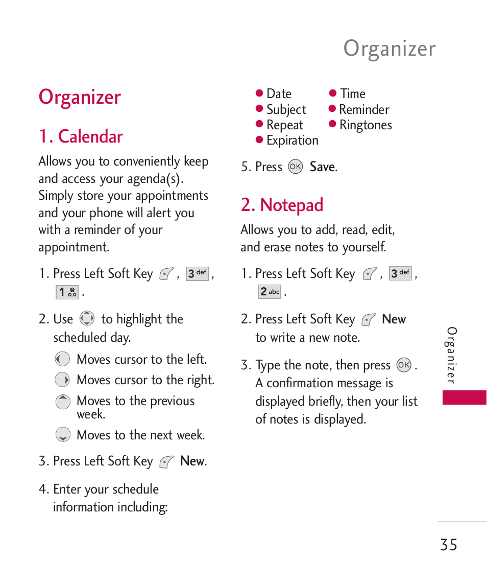 Organizer, Calendar | LG LGUX145 User Manual | Page 37 / 94