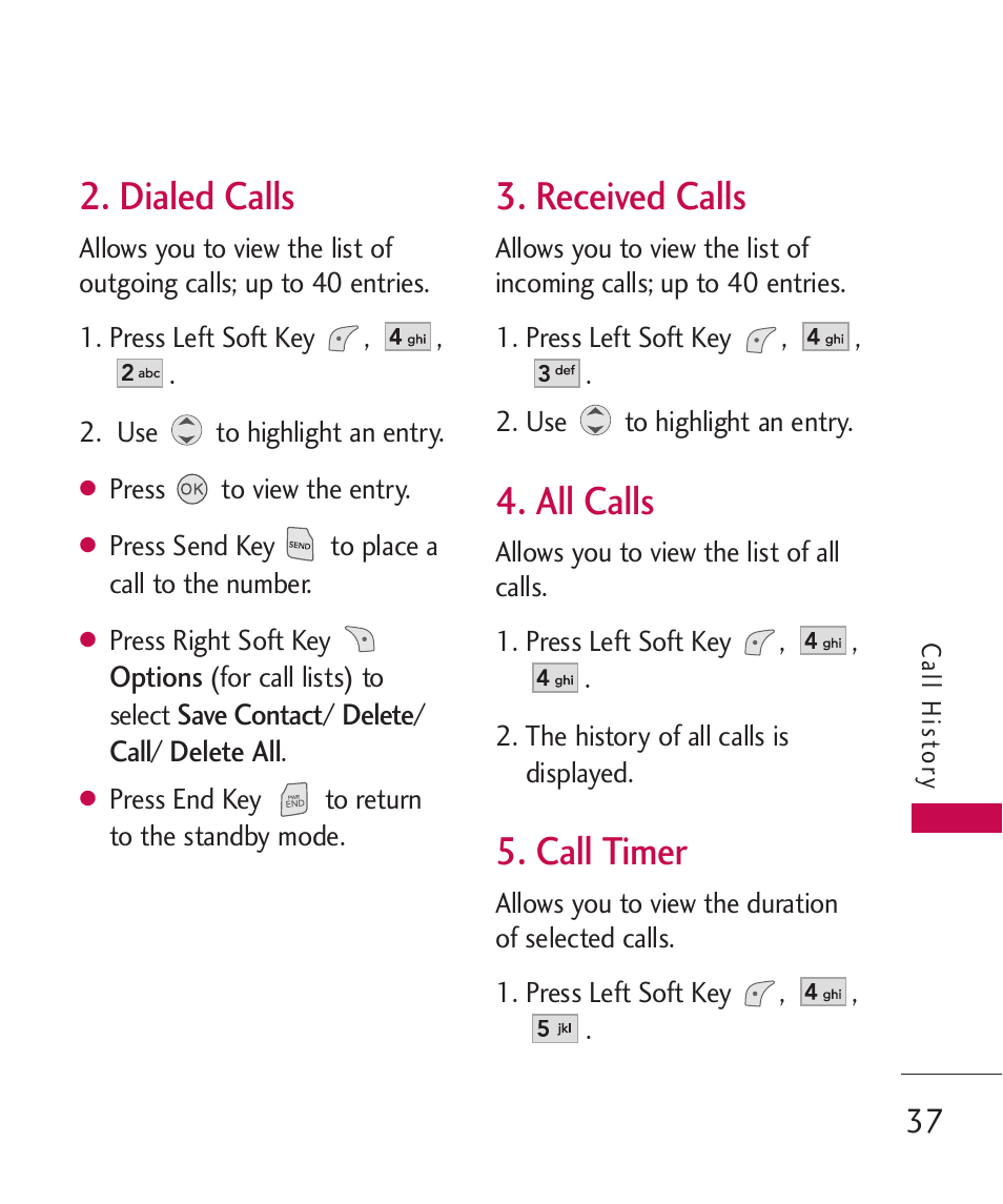 Dialed calls, Received calls, All calls | Call timer | LG LGUX145 User Manual | Page 39 / 94