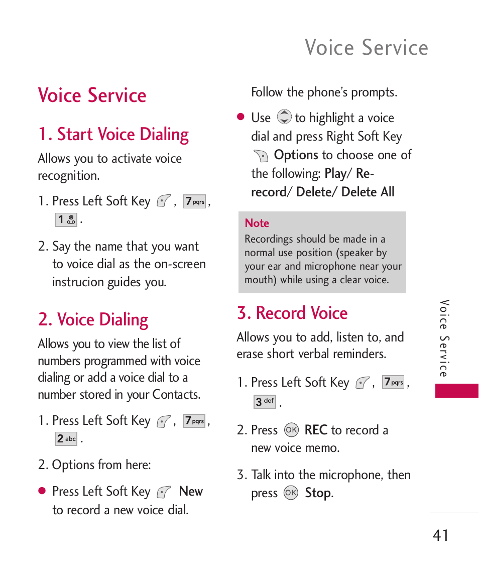 Voice service, Start voice dialing, Voice dialing | Record voice | LG LGUX145 User Manual | Page 43 / 94