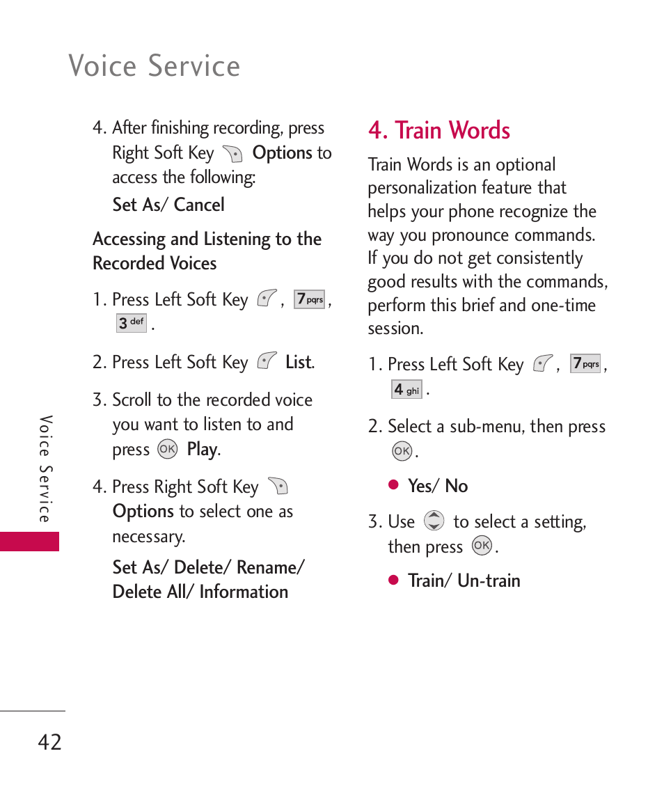 Voice service, Train words | LG LGUX145 User Manual | Page 44 / 94