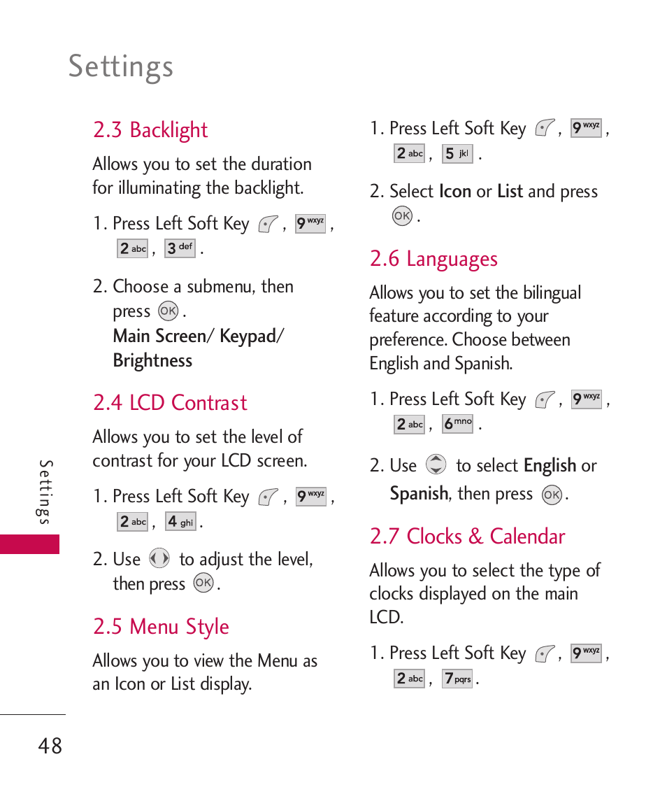 Settings, 3 backlight, 4 lcd contrast | 5 menu style, 6 languages, 7 clocks & calendar | LG LGUX145 User Manual | Page 50 / 94