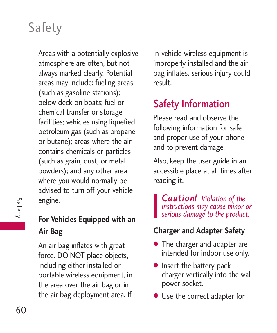Safety, Safety information, Ccaauuttiioonn | LG LGUX145 User Manual | Page 62 / 94