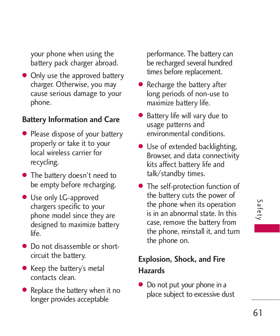 Battery information and care, Explosion, shock, and fire hazards | LG LGUX145 User Manual | Page 63 / 94