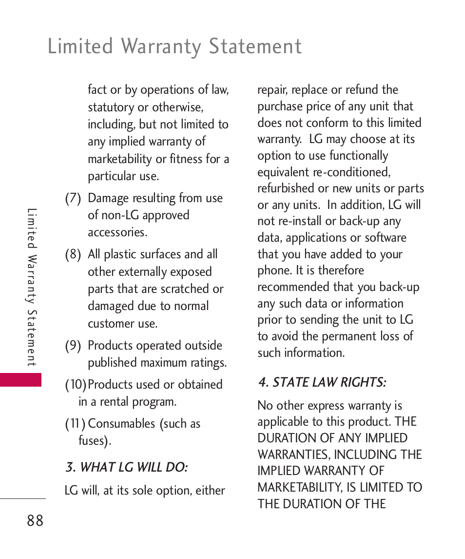 Limited warranty statement | LG LGUX145 User Manual | Page 90 / 94