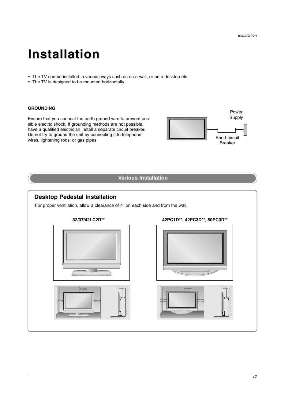 Installation, Desktop pedestal installation | LG 42LC2D User Manual | Page 17 / 68