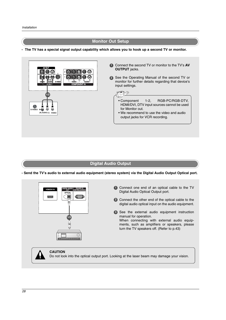 Digital audio output, Monitor out setup | LG 42LC2D User Manual | Page 28 / 68