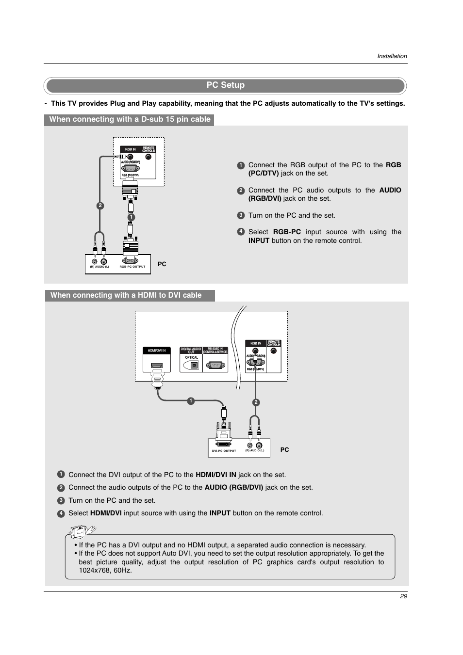 Pc setup, When connecting with a d-sub 15 pin cable, When connecting with a hdmi to dvi cable | 29 installation | LG 42LC2D User Manual | Page 29 / 68
