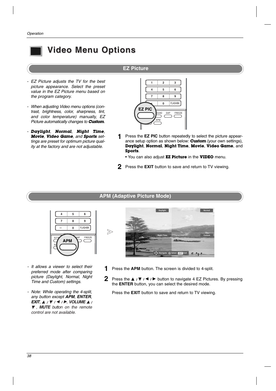 Video menu options ideo menu options, Apm (adaptive picture mode), Ez picture | LG 42LC2D User Manual | Page 38 / 68