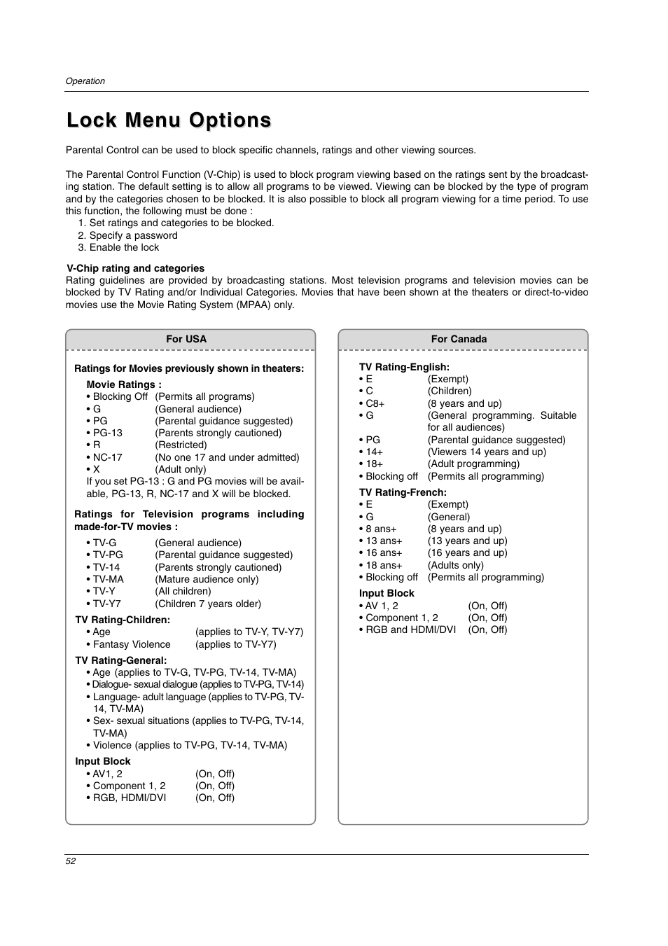 Lock menu options | LG 42LC2D User Manual | Page 52 / 68