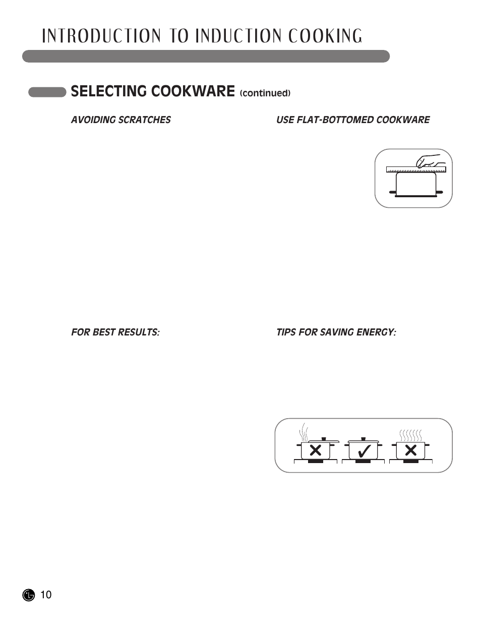 Introduction to induction cooking, Selecting cookware | LG LCE30845 User Manual | Page 10 / 92