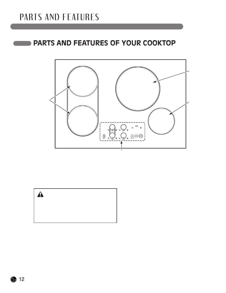Parts and features, Parts and features of your cooktop, Caution | LG LCE30845 User Manual | Page 12 / 92