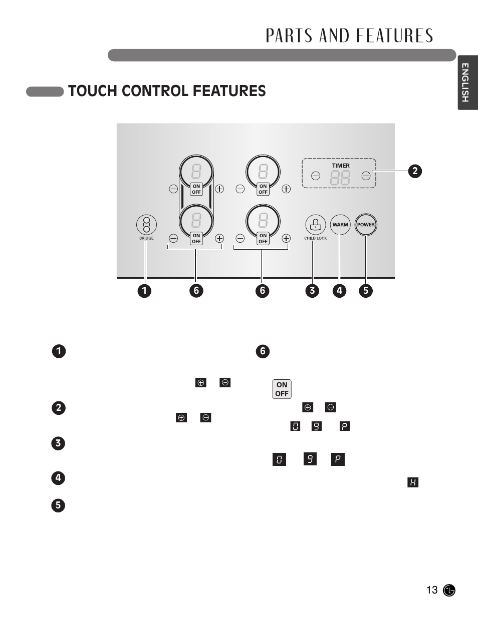 Parts and features, Touch control features | LG LCE30845 User Manual | Page 13 / 92