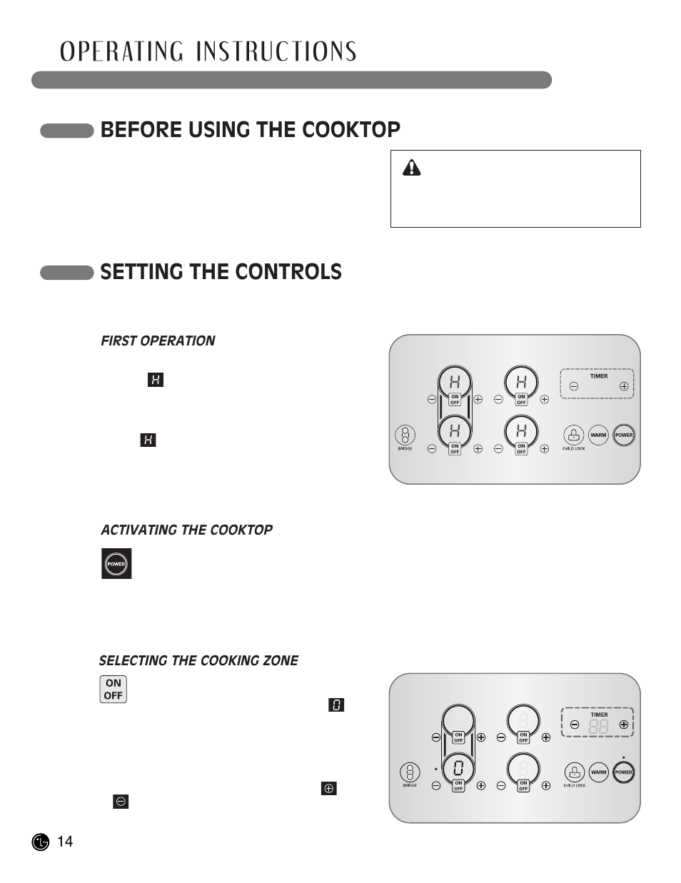 Operating instructions, Before using the cooktop, Setting the controls | Caution | LG LCE30845 User Manual | Page 14 / 92