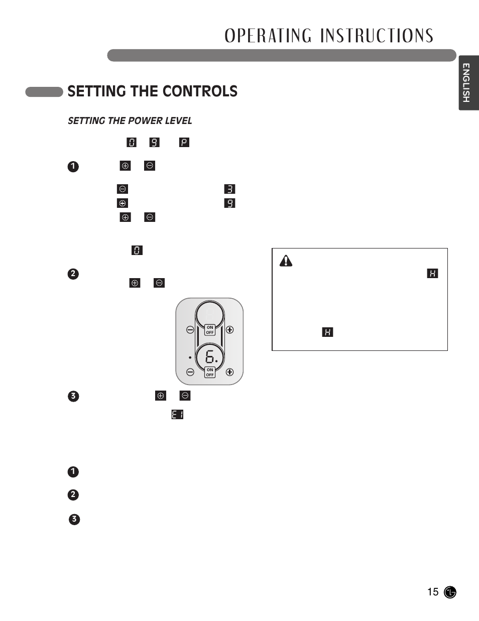 Operating instructions, Setting the controls, Warning | LG LCE30845 User Manual | Page 15 / 92