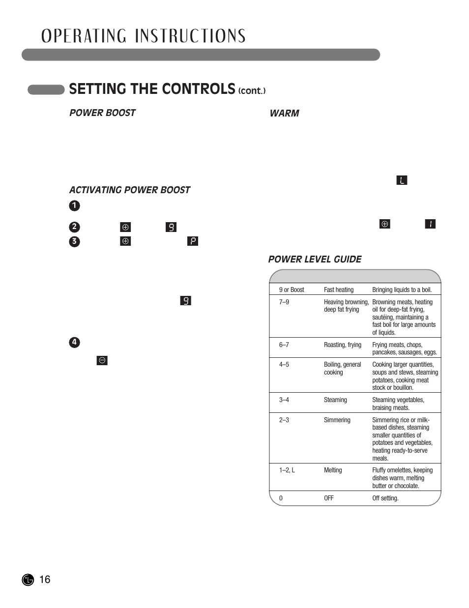 Operating instructions, Setting the controls | LG LCE30845 User Manual | Page 16 / 92