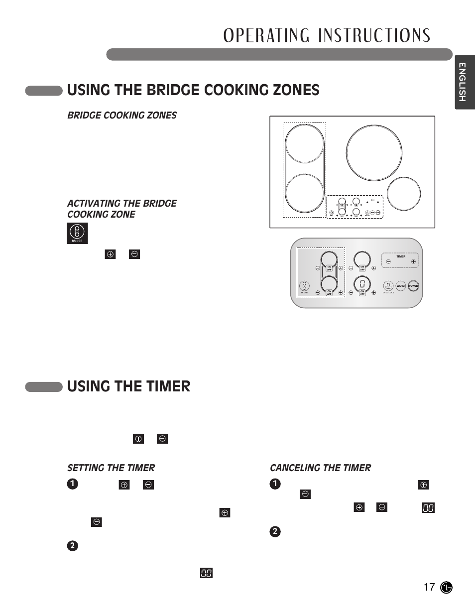Operating instructions, Using the bridge cooking zones, Using the timer | LG LCE30845 User Manual | Page 17 / 92