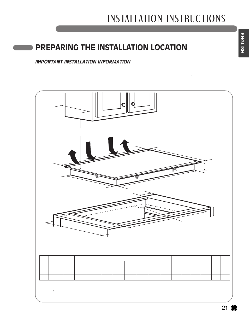 Installation instructions, Preparing the installation location, Important installation information | English | LG LCE30845 User Manual | Page 21 / 92