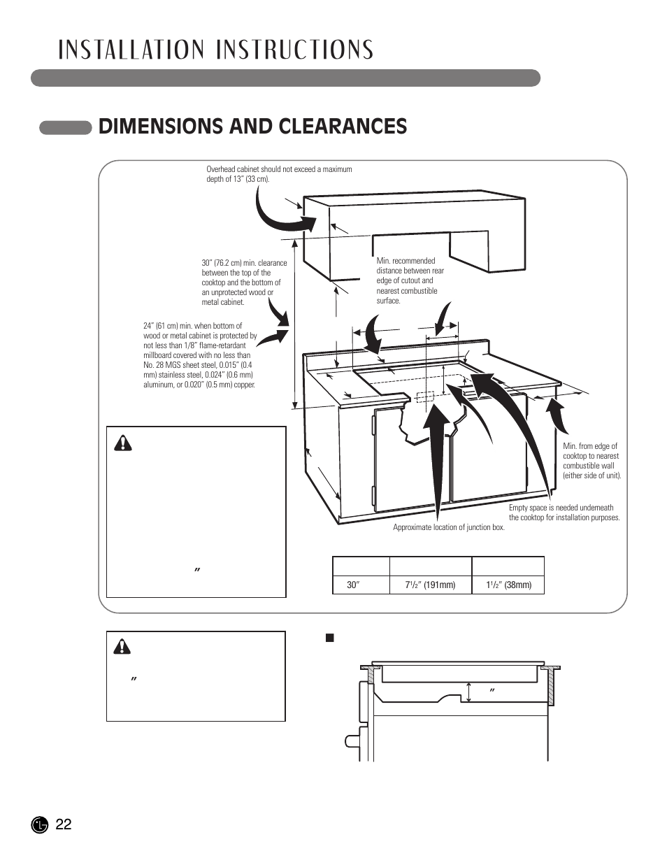 Installation instructions, Dimensions and clearances, Caution | LG LCE30845 User Manual | Page 22 / 92