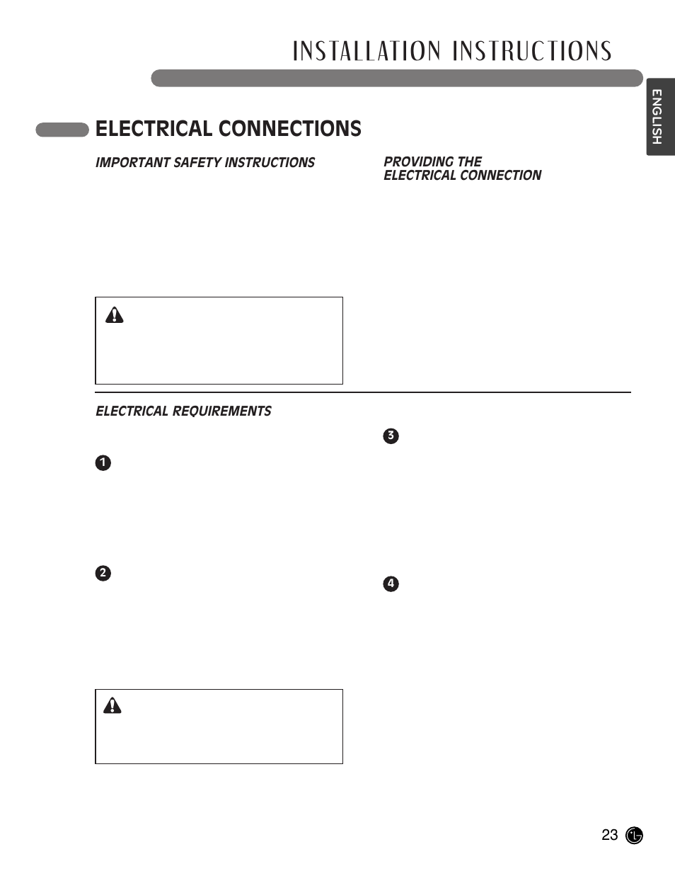 Installation instructions, Electrical connections, Warning | LG LCE30845 User Manual | Page 23 / 92