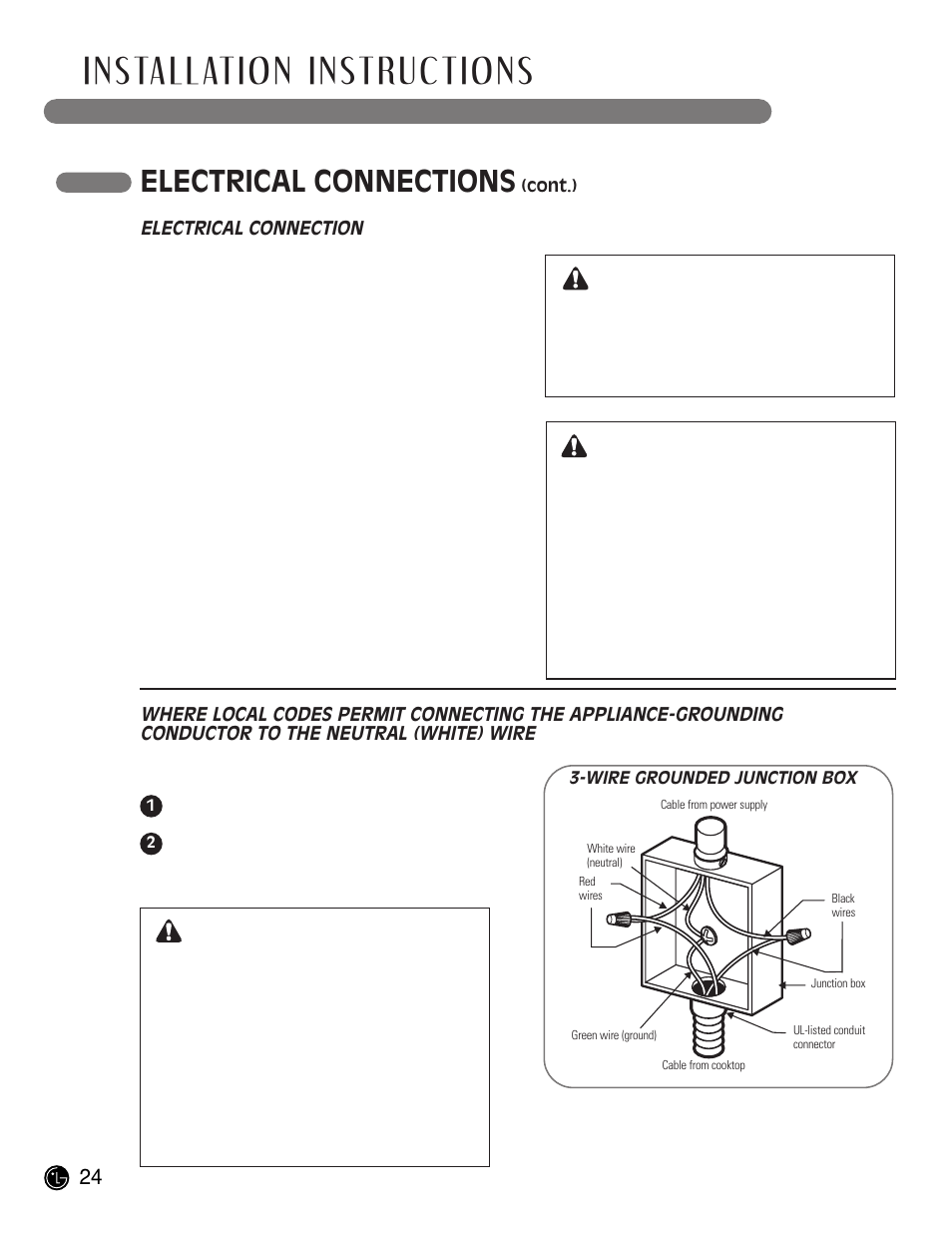 Installation instructions, Electrical connections, Warning | LG LCE30845 User Manual | Page 24 / 92
