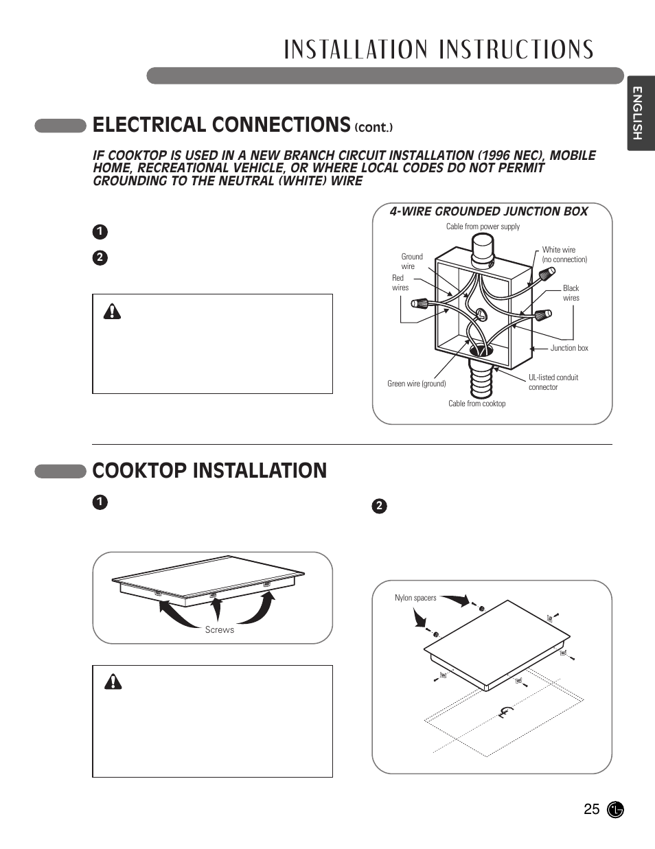 Installation instructions, Electrical connections, Cooktop installation | Warning | LG LCE30845 User Manual | Page 25 / 92