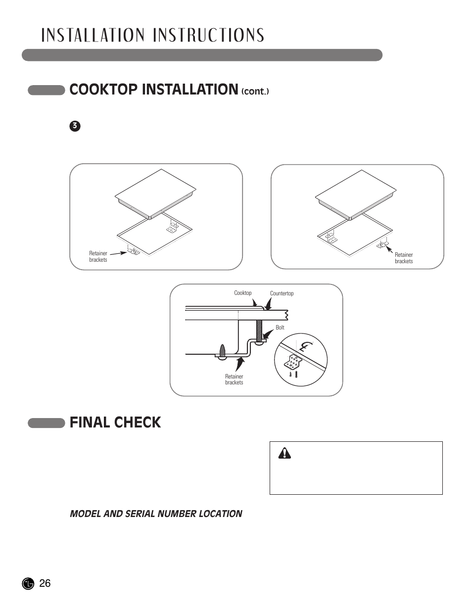 Installation instructions, Cooktop installation, Final check | Caution | LG LCE30845 User Manual | Page 26 / 92