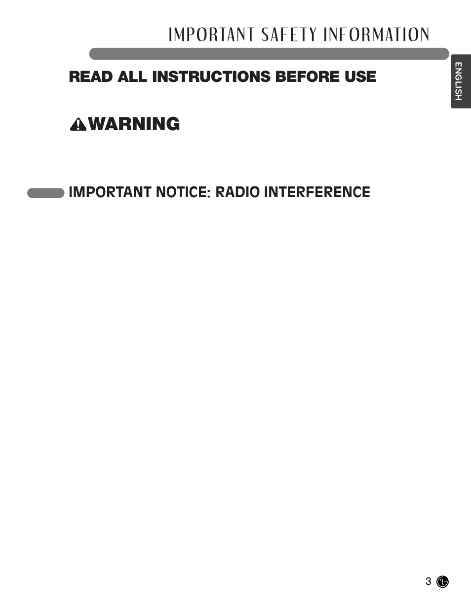 Warning, Important safety information, Read all instructions before use | Important notice: radio interference | LG LCE30845 User Manual | Page 3 / 92