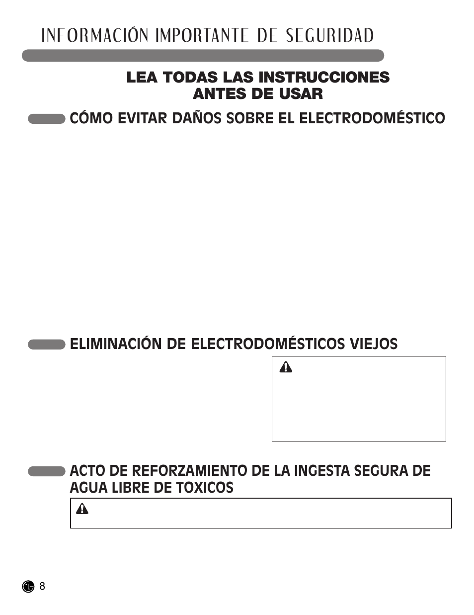 Información importante de seguridad, Conserve estas instrucciones, Lea todas las instrucciones antes de usar | Cómo evitar daños sobre el electrodoméstico, Precaución advertencia | LG LCE30845 User Manual | Page 38 / 92