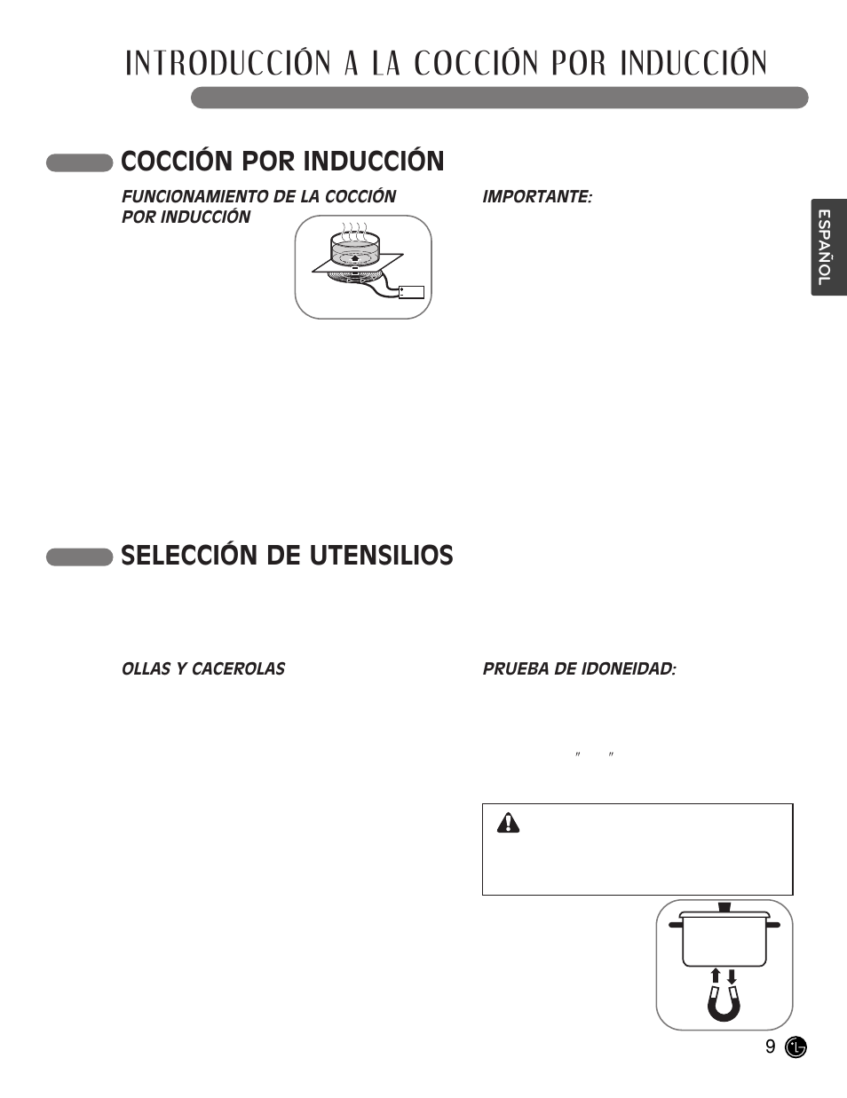 Introducción a la cocción por inducción, Cocción por inducción, Selección de utensilios | Precaución | LG LCE30845 User Manual | Page 39 / 92