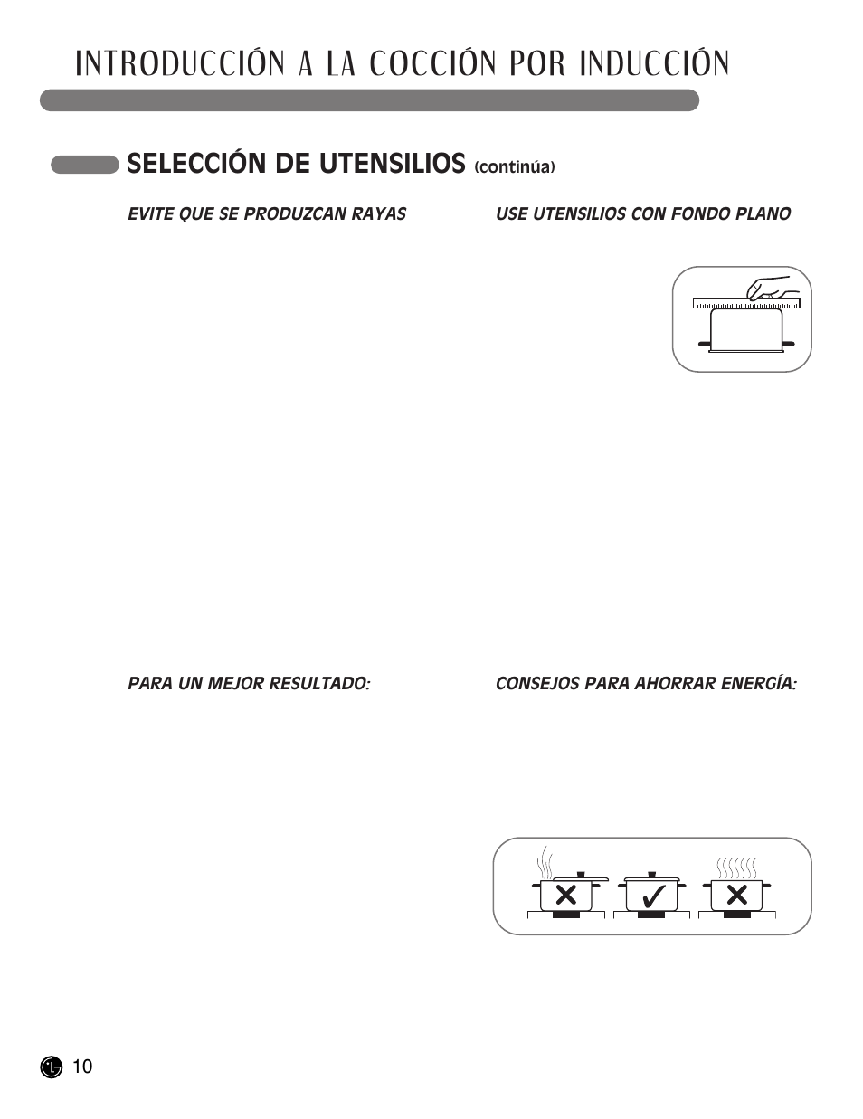 Introducción a la cocción por inducción, Selección de utensilios | LG LCE30845 User Manual | Page 40 / 92