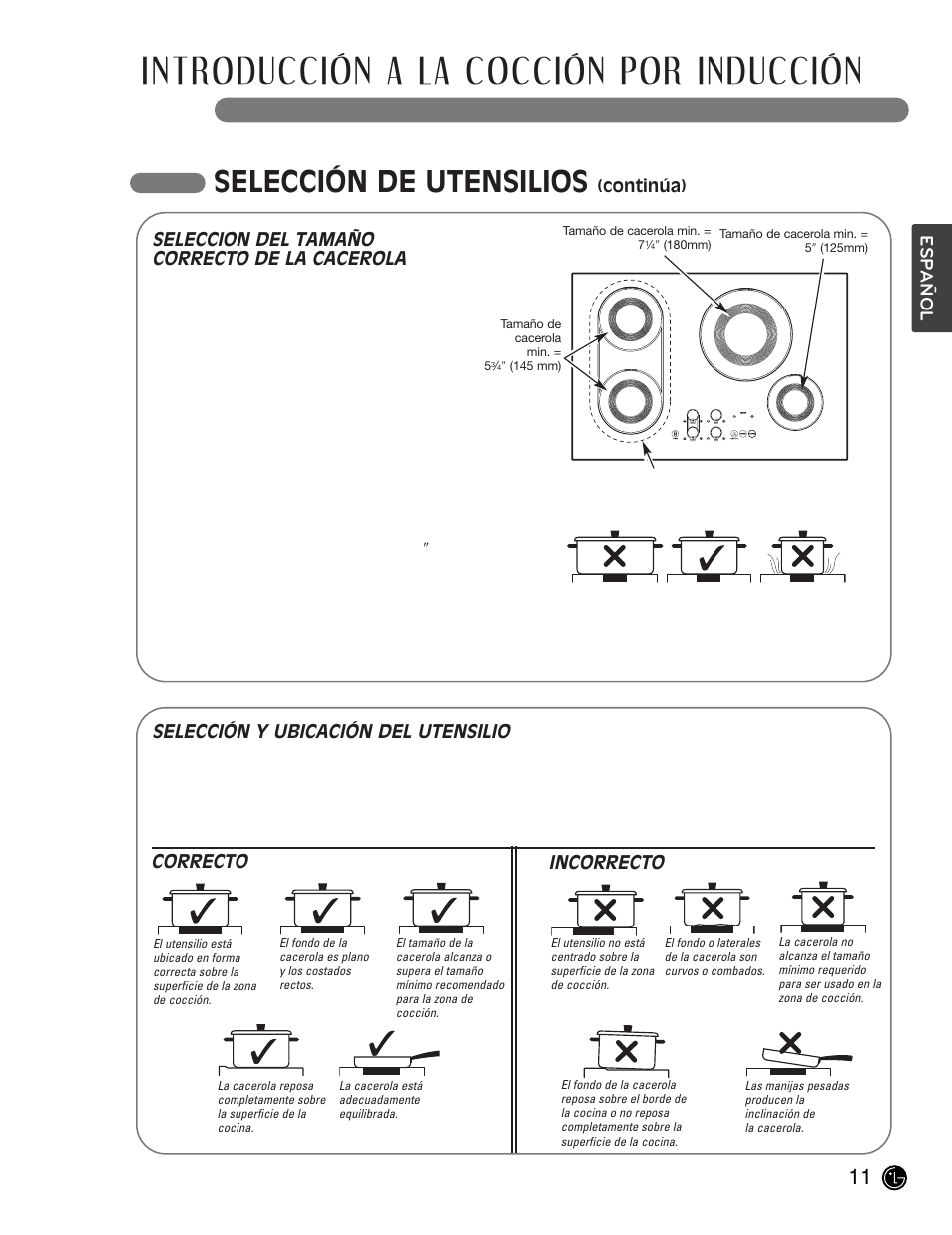 Introducción a la cocción por inducción, Selección de utensilios, Selección y ubicación del utensilio | Correcto incorrecto, Seleccion del tamaño correcto de la cacerola, Español | LG LCE30845 User Manual | Page 41 / 92